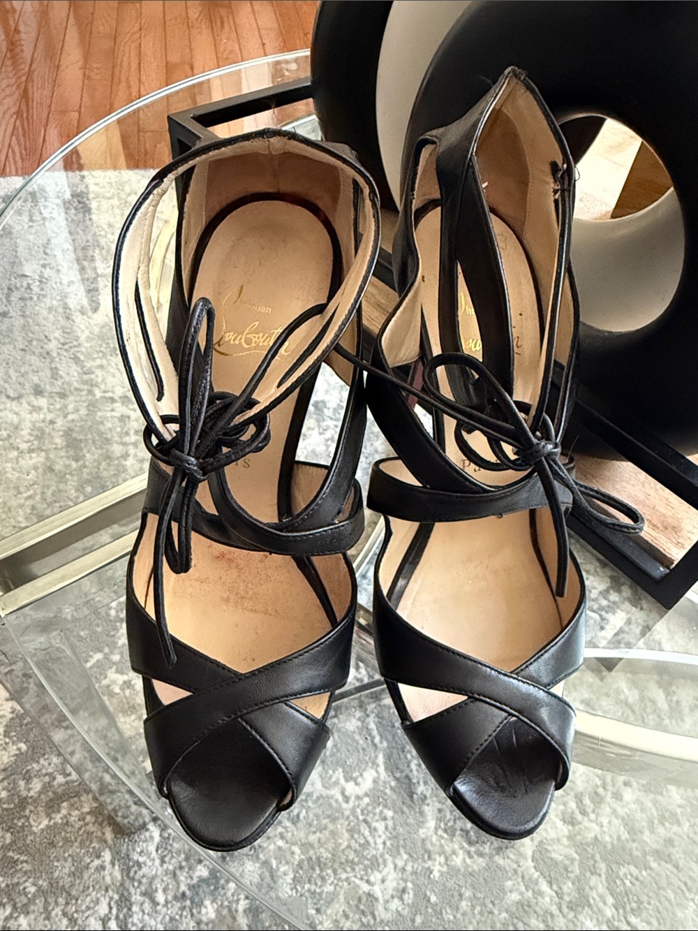 Christian Louboutin Black Leather Crisscross Lace-Up Peep-Toe Heels